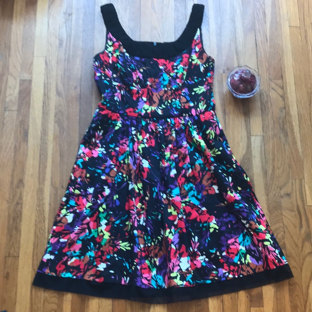 Donna Ricco Black Floral Fit-and-Flare Dress with Bright Multi-Color Print